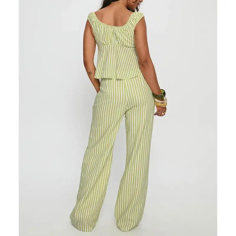 Striped Set With Backless V Neck Crop Top And Bow Belted Straight Pants