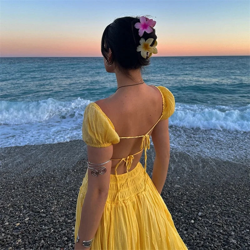 Vibrant Lace Up Back A Line Dress With Short Sleeves