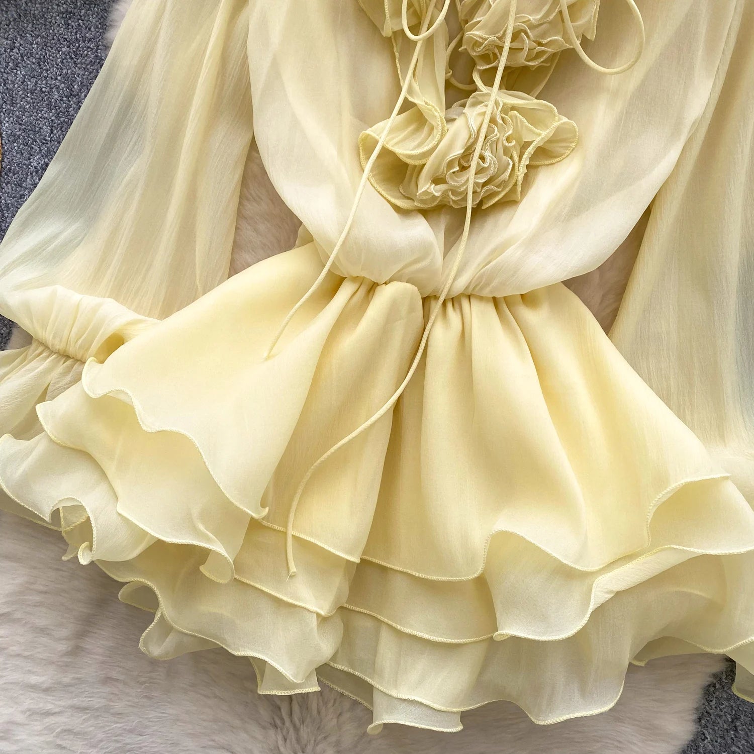 Boho 3D Floral Chiffon Sundress With Long Sleeves Lace Up Ruffle Detail