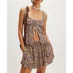 Floral Summer Two Piece Set With Frill Trim Square Neck Tank Top And Drawstring Ruffle Skirt