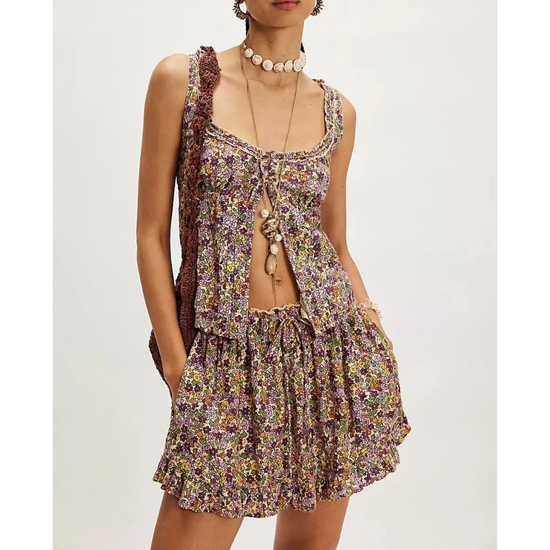 Floral Summer Two Piece Set With Frill Trim Square Neck Tank Top And Drawstring Ruffle Skirt