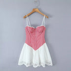Sexy Women Plaid Spliced Sling Mini Summer Dress Lacing Up Bandage Back A-line Cotton Dress