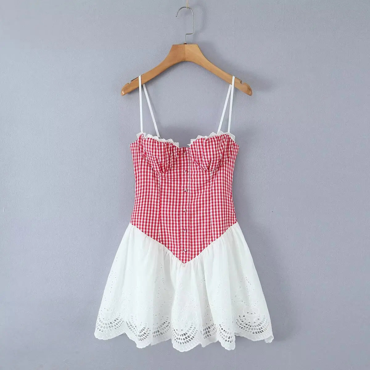 Sexy Women Plaid Spliced Sling Mini Summer Dress Lacing Up Bandage Back A-line Cotton Dress