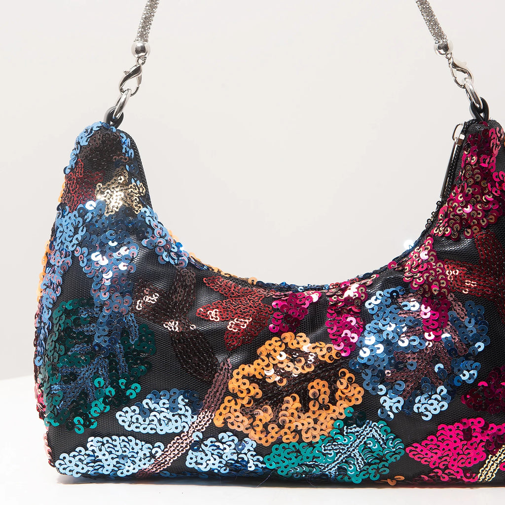 Floral Embroidered Sequin Shoulder Bag For Women Crescent Shape Evening Purse