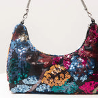 Floral Embroidered Sequin Shoulder Bag For Women Crescent Shape Evening Purse