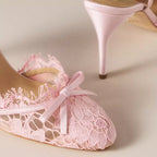 Butterfly Knot Lace Shingback Sandals With Buckle Strap Pointed Toe Slim Heels