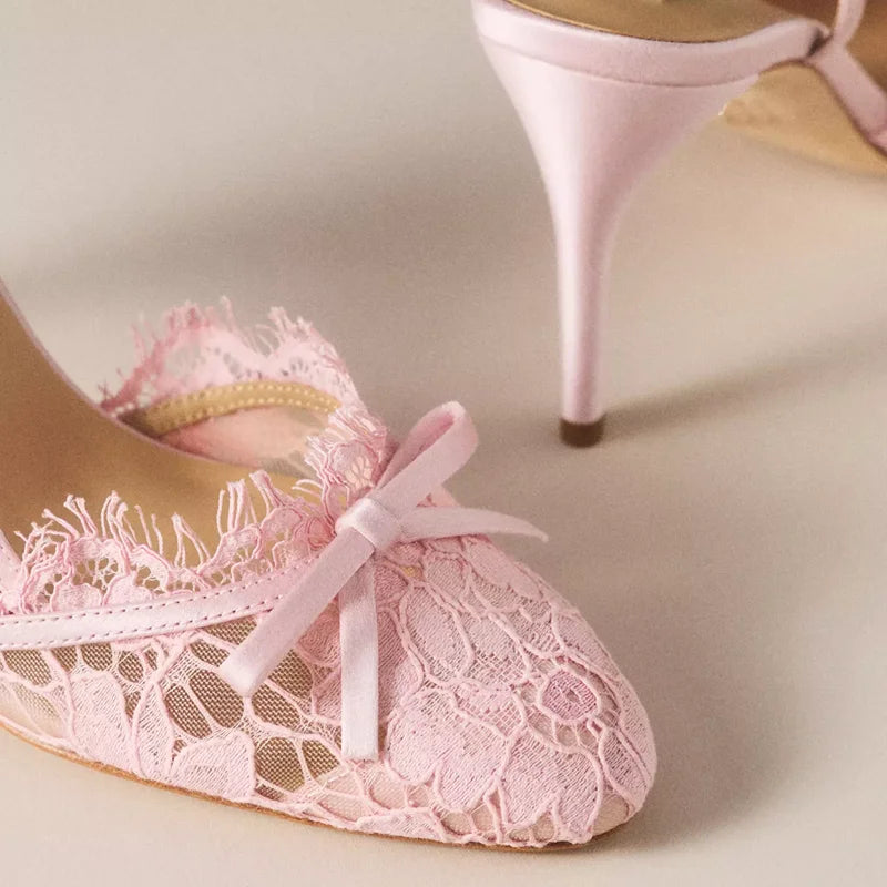 Butterfly Knot Lace Shingback Sandals With Buckle Strap Pointed Toe Slim Heels