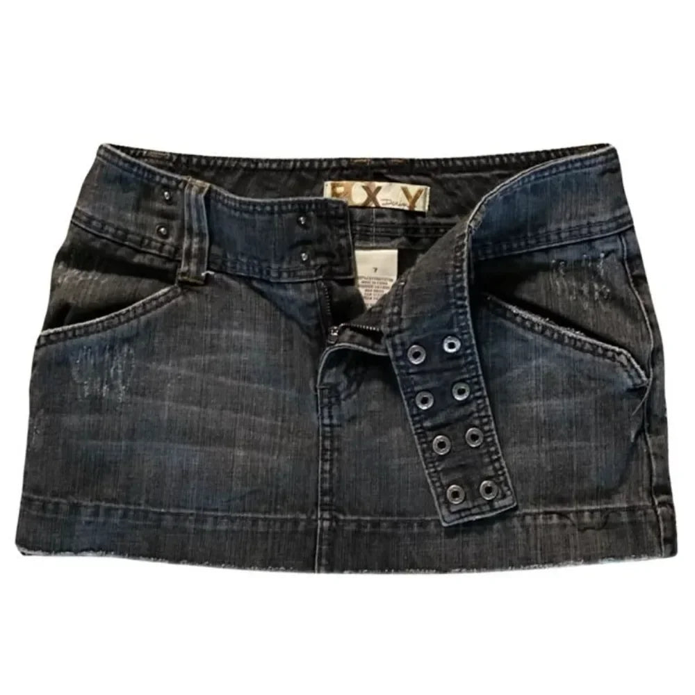 Y2K Denim Mini Skirt With Printed Motif High Waist
