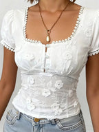 Romantic Lace Trim Hollow Out Top With Square Neck