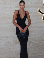Backless Knit Maxi Dress With V Neck Sleeveles Long Gown