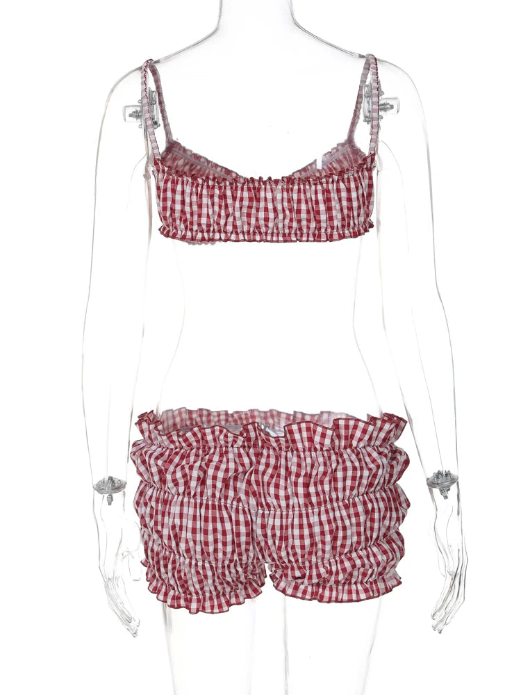 Stripe Two Piece Set With Elastic Camisole And Ruched Shorts l