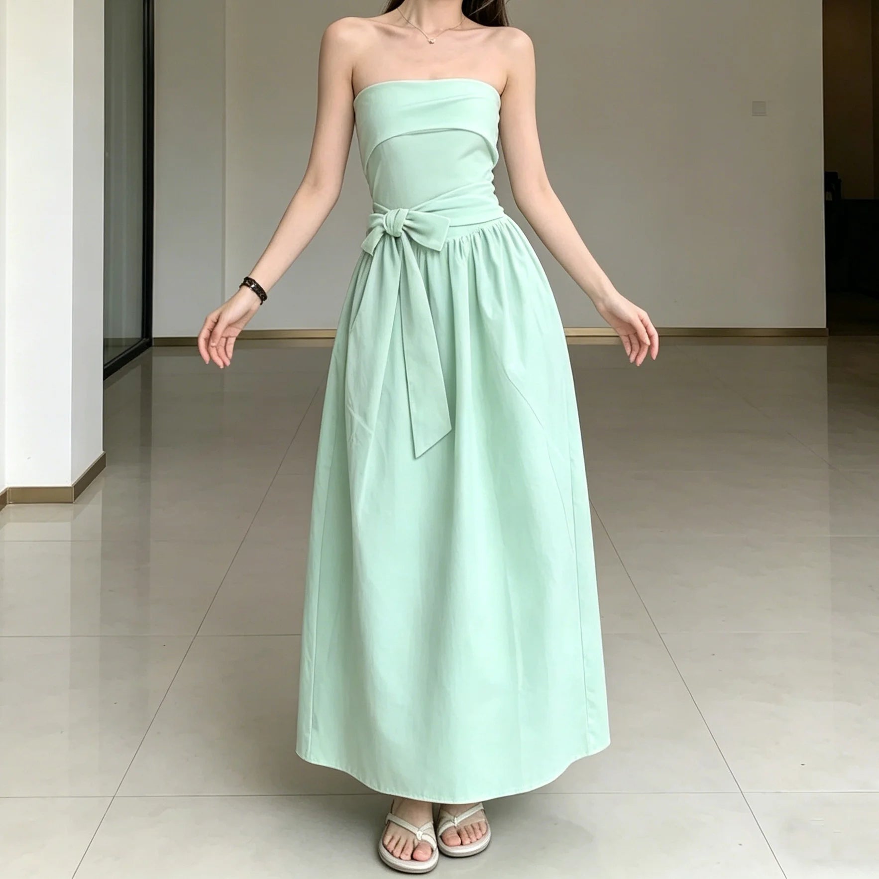 Strapless Bow Tie Maxi Dress With Cinched Waist Elegant Flowing A Line Gown
