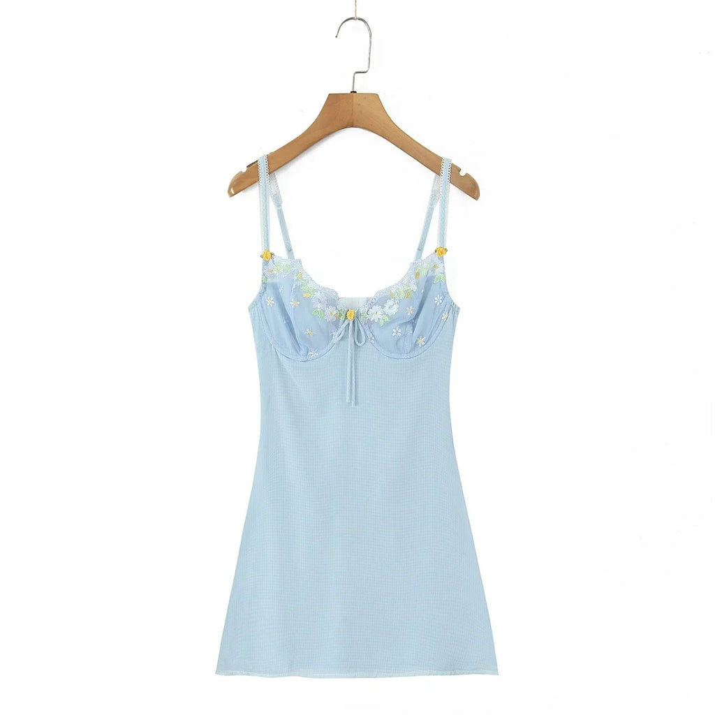 Women Sweet Lace Neckline Backless Short Dress