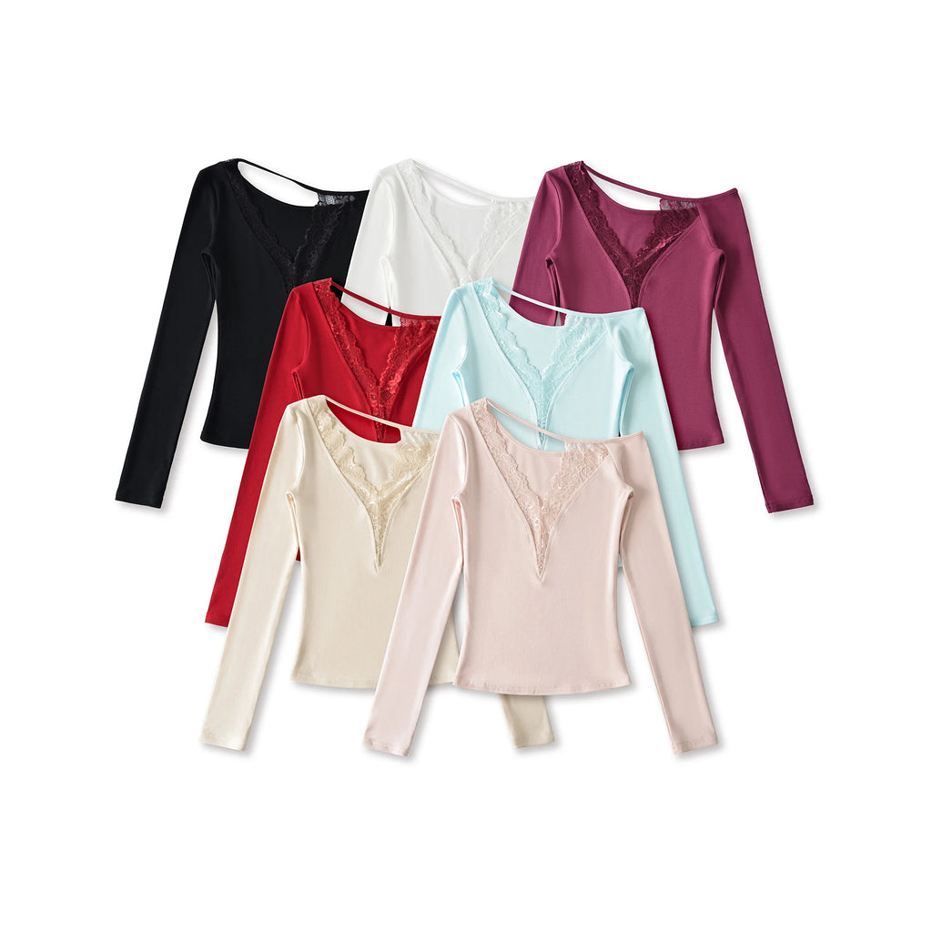 Lace Splice Long Sleeve Vneck Top For Night Out Chic