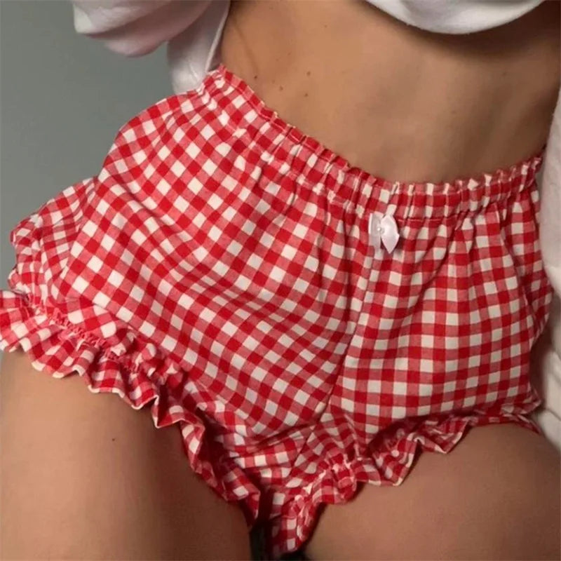 Cozy Kawaii Plaid Pajama Shorts With Elastic Waist Ruffle Trim