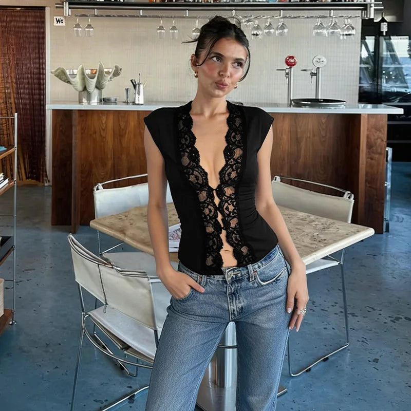 Flirty Lace Sheer V Neck Sleeveless Crop Top With Button Front Slim Fit