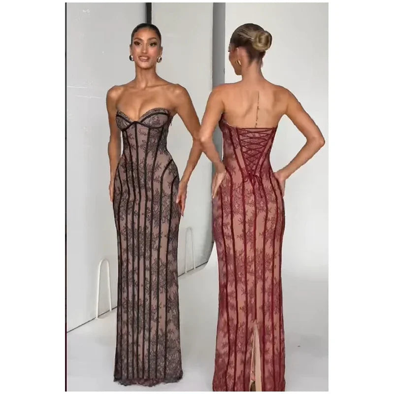 Elegant Backless Strapless Tulle Maxi Dress With Patchwork Print Off Shoulder Evening Gown
