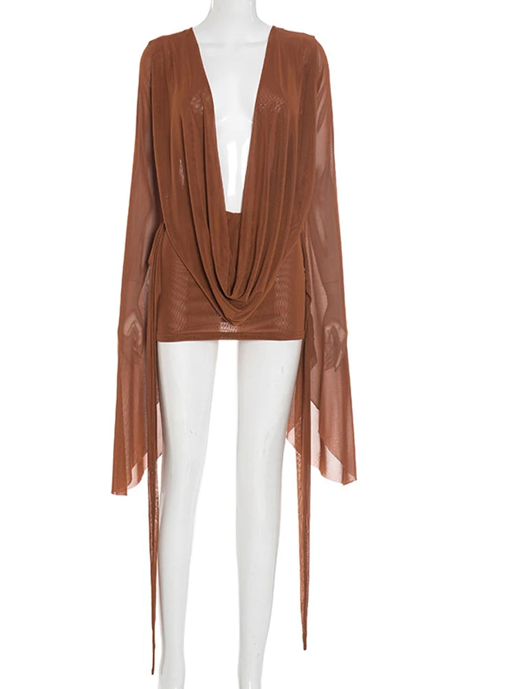 Ruched Sheer Mesh Dress With Flare Sleeves V Neck