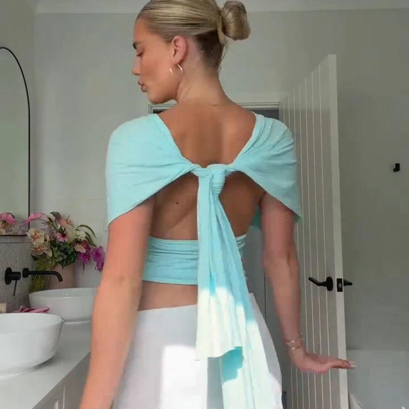 Women Halter Neck Backless Elastic V Neck Crop Top