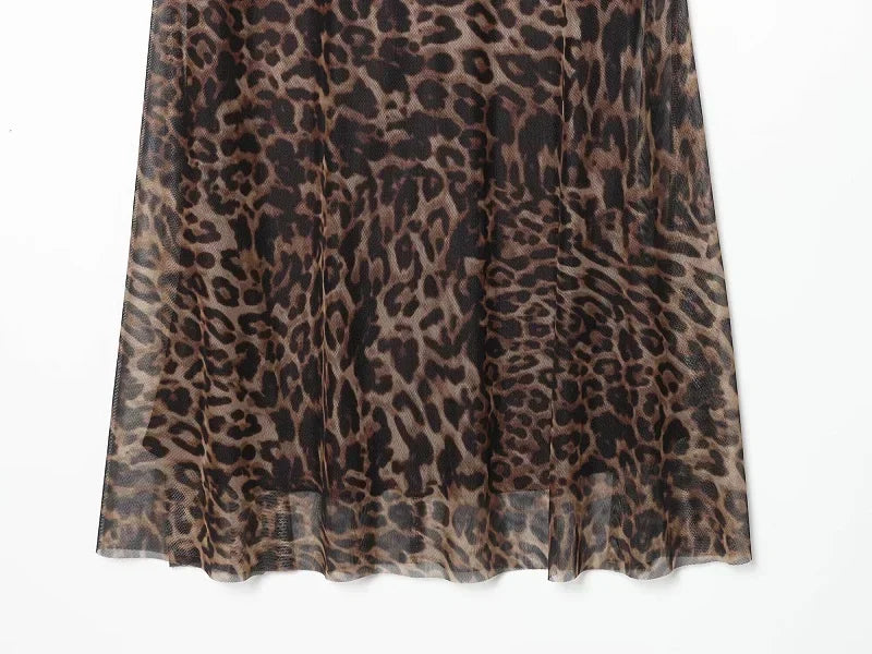 Vintage Leopard Print Mesh Long Skirt With Empire Waist Flowy Tulle