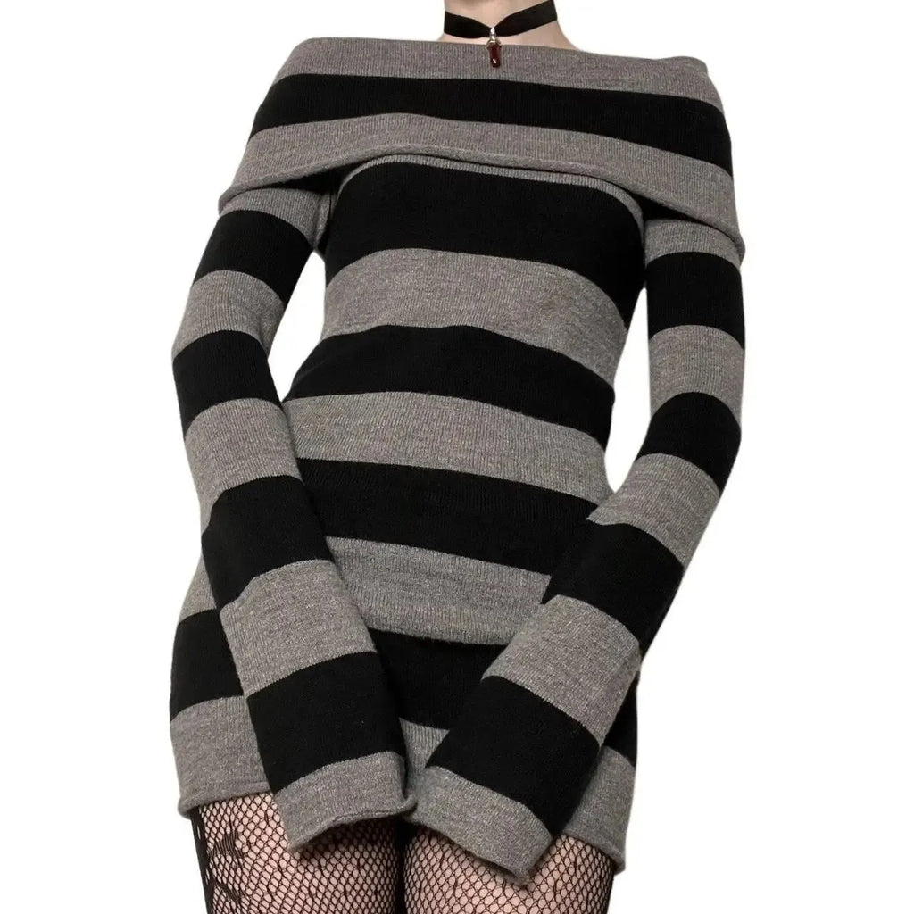 Striped Mini Bodycon Dress With Boat Neck And Off Shoulder
