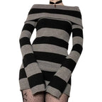 Striped Mini Bodycon Dress With Boat Neck And Off Shoulder