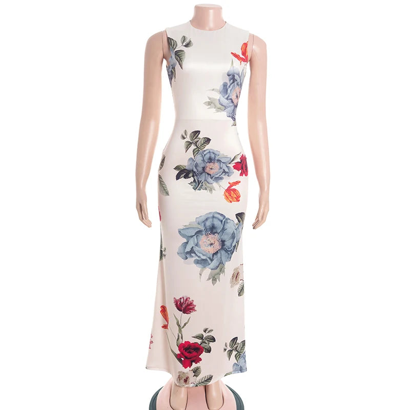 Floral Garden Maxi Dress With Round Neck Sleeveless Slim Fit Elegant Style