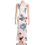 Floral Garden Maxi Dress With Round Neck Sleeveless Slim Fit Elegant Style