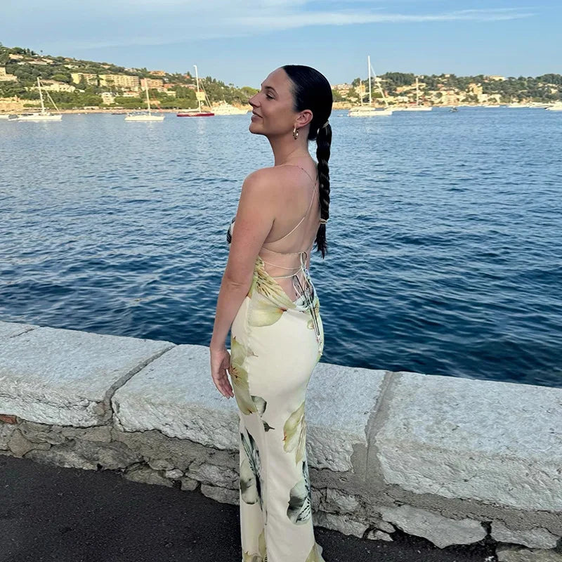 Apricot Backless Bandage Maxi Dress With Spaghetti Straps