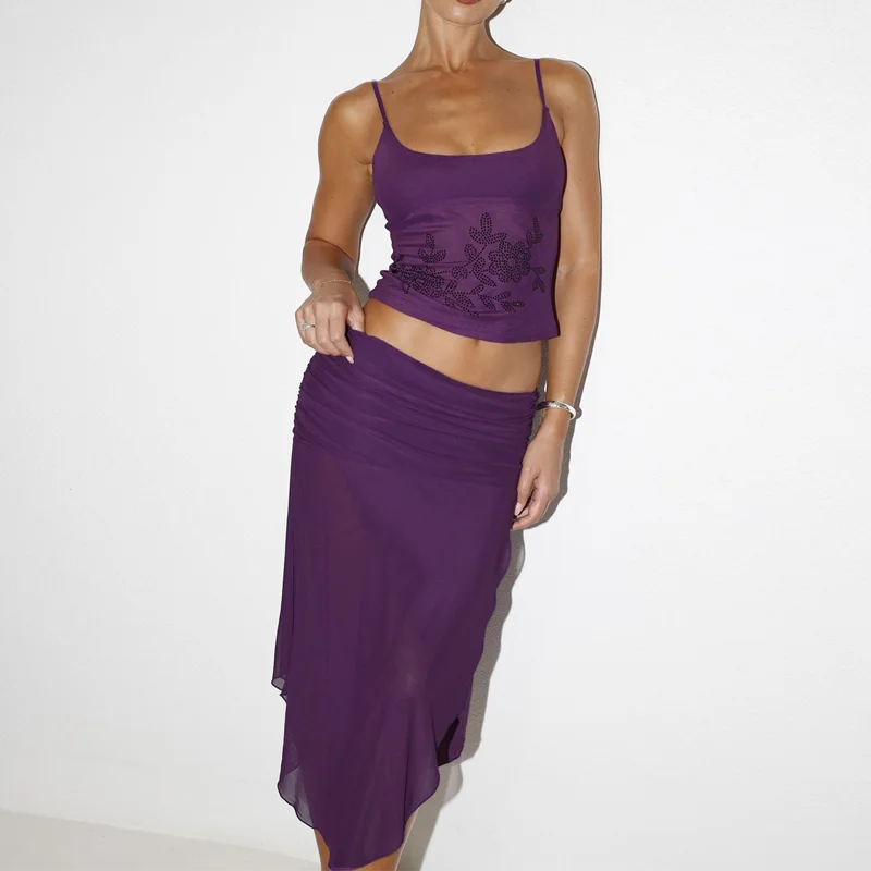 Gleaming Floral Sequin Crop Top And Slit Maxi Skirt Set