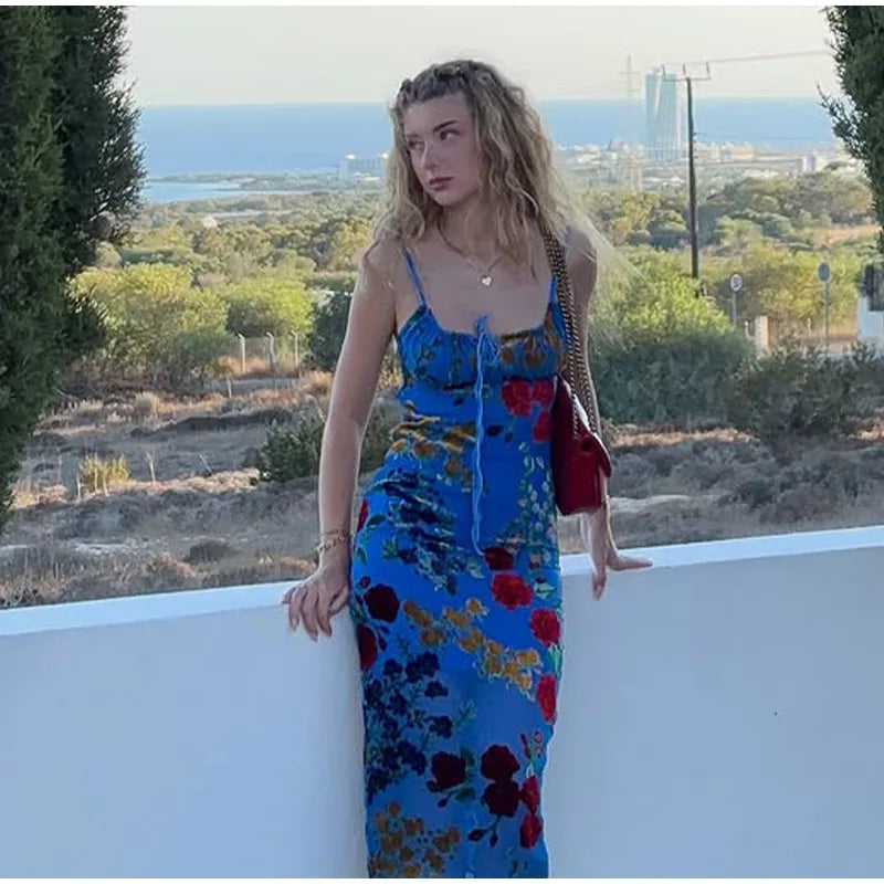 Retro Floral Lace Up Backless Maxi Dress