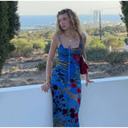 Retro Floral Lace Up Backless Maxi Dress