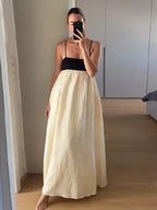 Contrast Splicing Loose Sling Long Women Square Collar Sleeveless Backless High Waist Dress