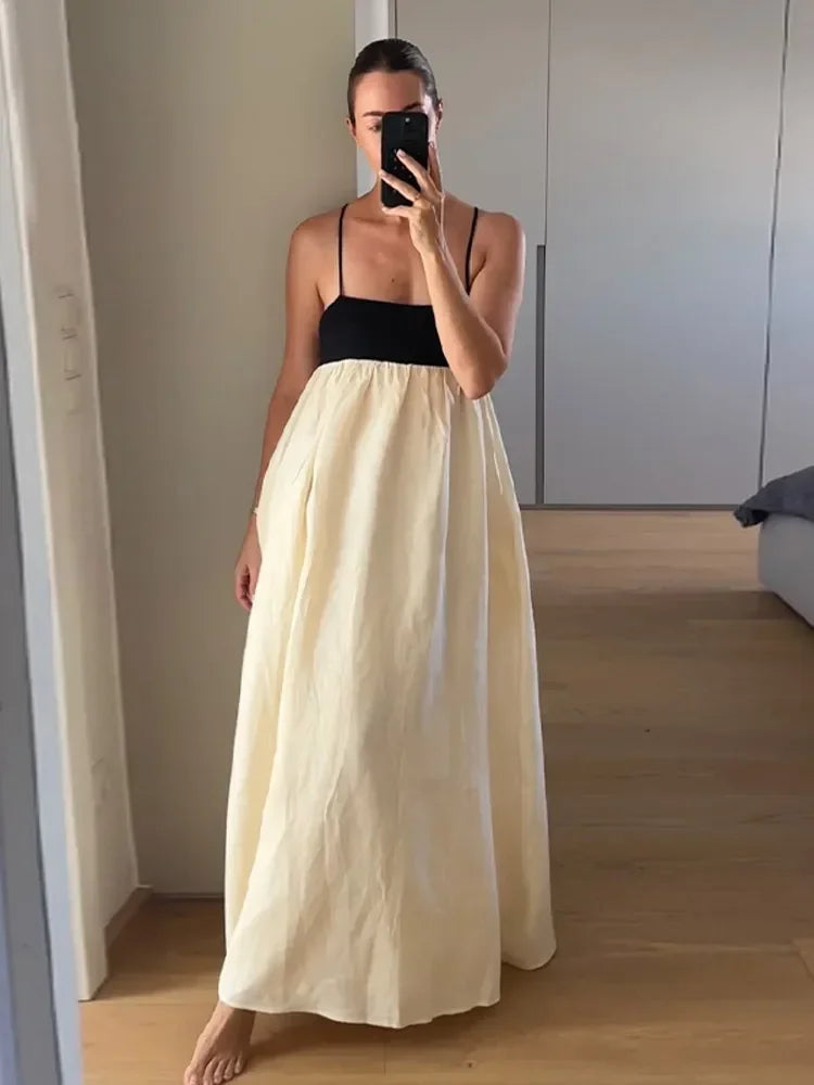 Contrast Splicing Loose Sling Long Women Square Collar Sleeveless Backless High Waist Dress