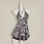 Zebra Print V Neck Backless Halter Top