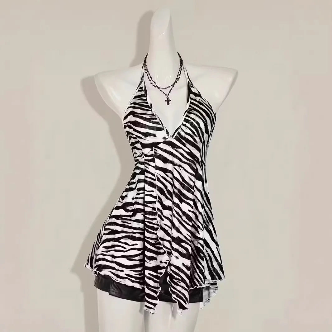 Zebra Print V Neck Backless Halter Top