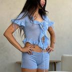 Lacework Lace Up Short Sleeve Top Slim Mini Shorts Knitted Set