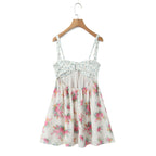 Contrast Color Floral Print Sling Mini V neck Spliced Chest Push Up Back Backless Short Dress