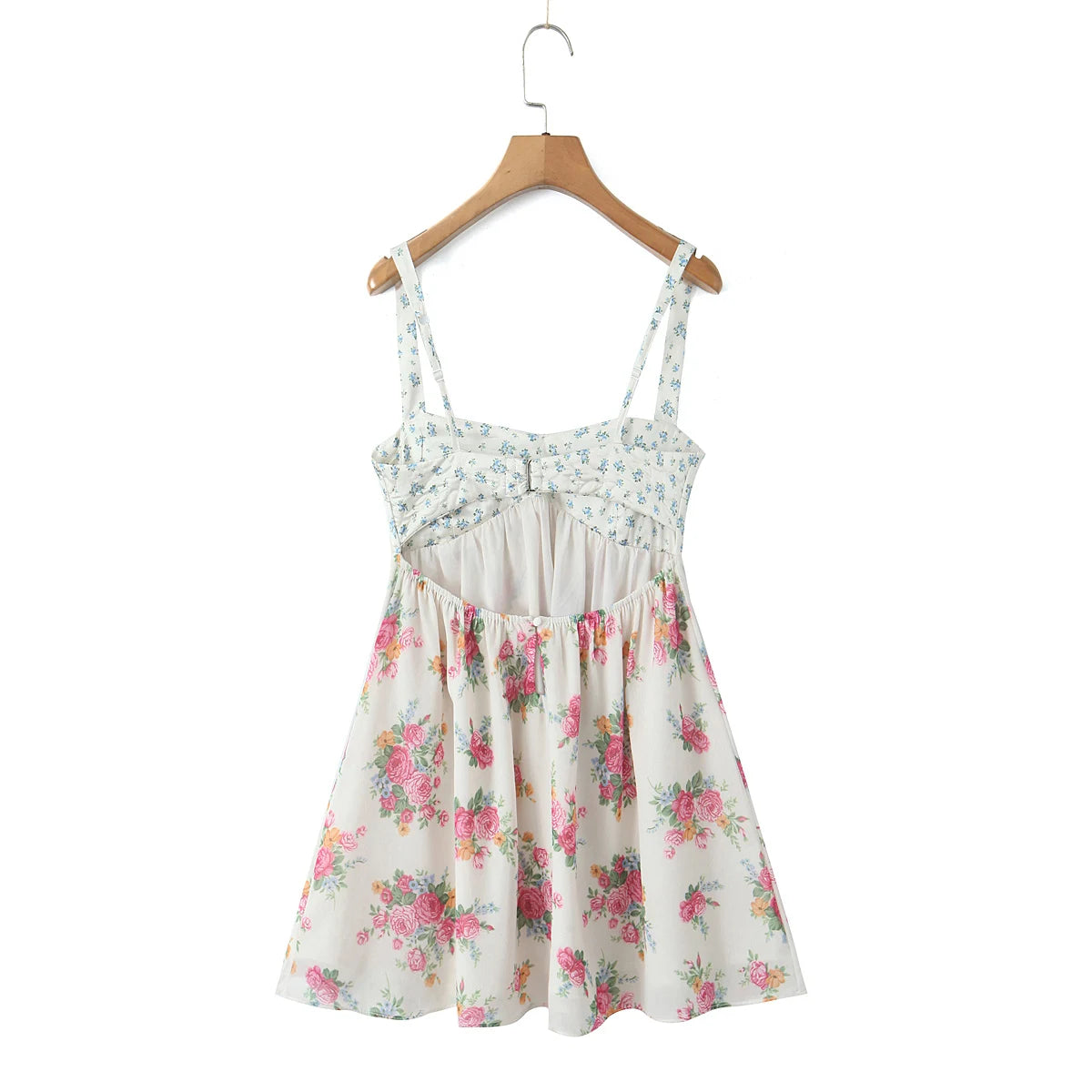 Contrast Color Floral Print Sling Mini V neck Spliced Chest Push Up Back Backless Short Dress