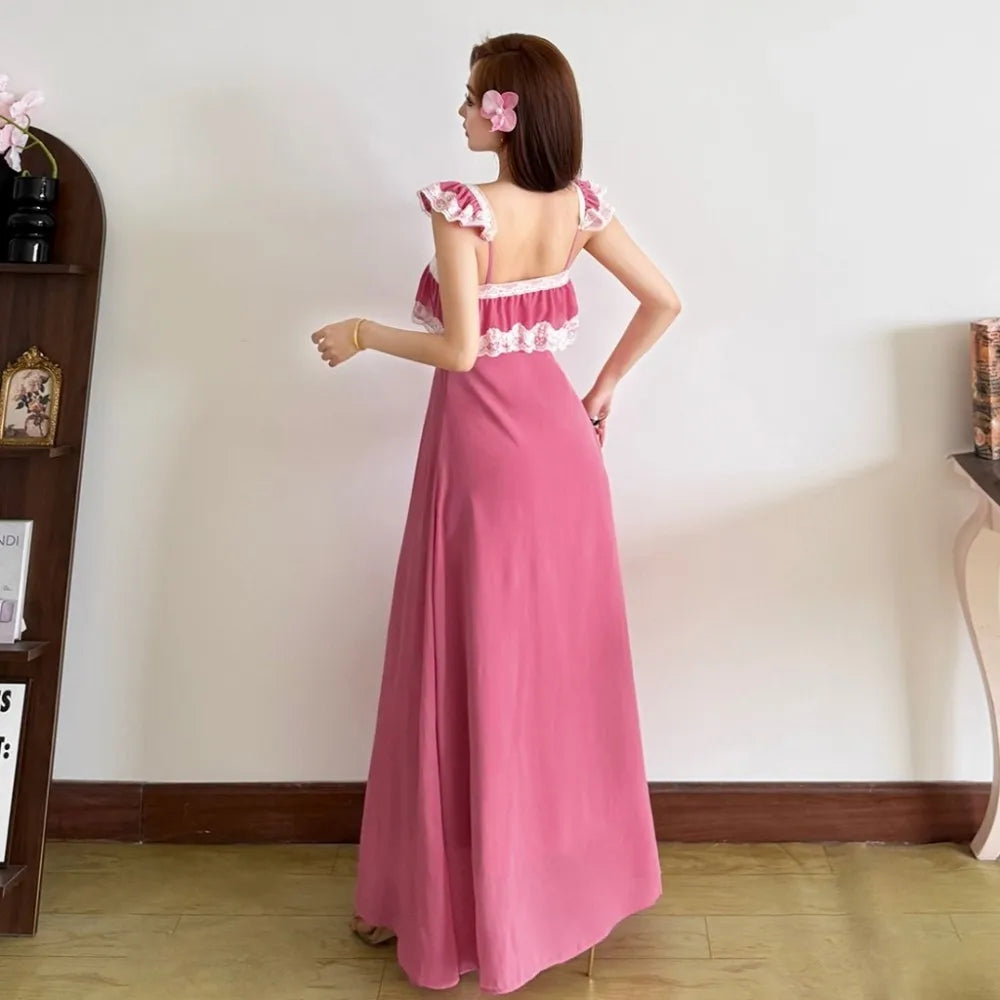 Sweet Style Patchwork Lace Dress With Square Collar Backless Sleeveless Bodycon