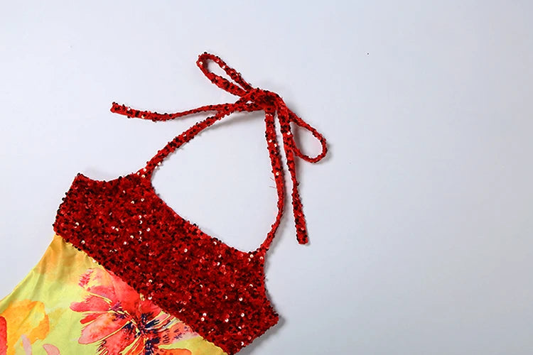 Floral Patchwork Mini Dress With Halter Backless Design