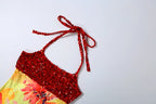 Floral Patchwork Mini Dress With Halter Backless Design