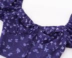 Purple Square Neckline Floral Print Blouse Flare Short Sleeve