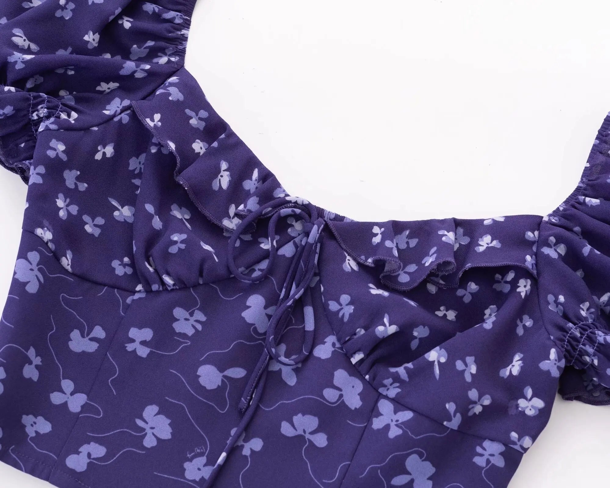 Purple Square Neckline Floral Print Blouse Flare Short Sleeve