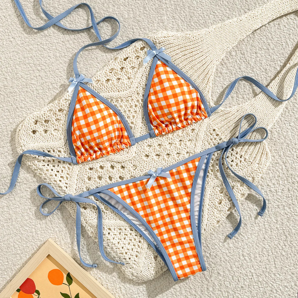Plaid Lace-Up Bikini Set for Women Sexy Beach Swimwear