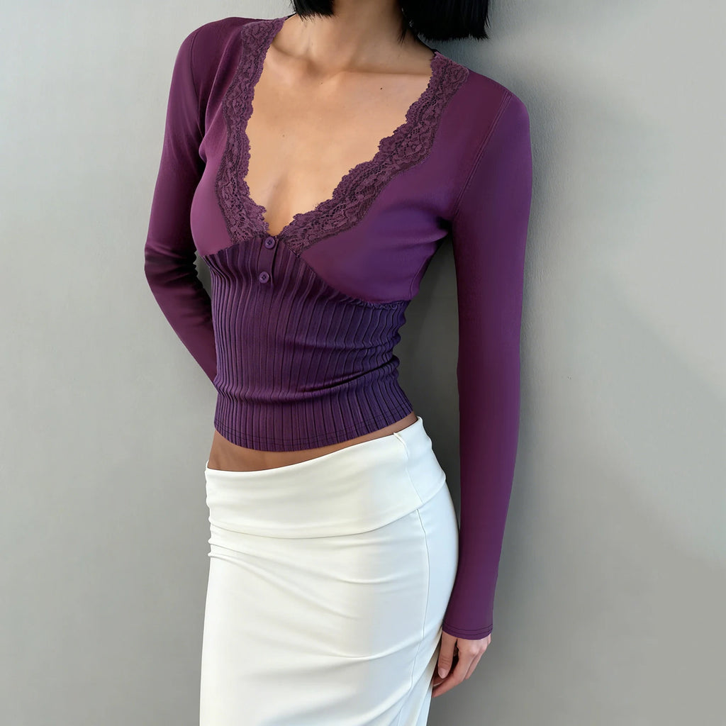Romantic Purple Lace Patchwork Knit Top With Elegant V Neck