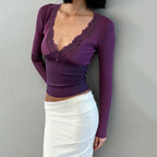 Romantic Purple Lace Patchwork Knit Top With Elegant V Neck