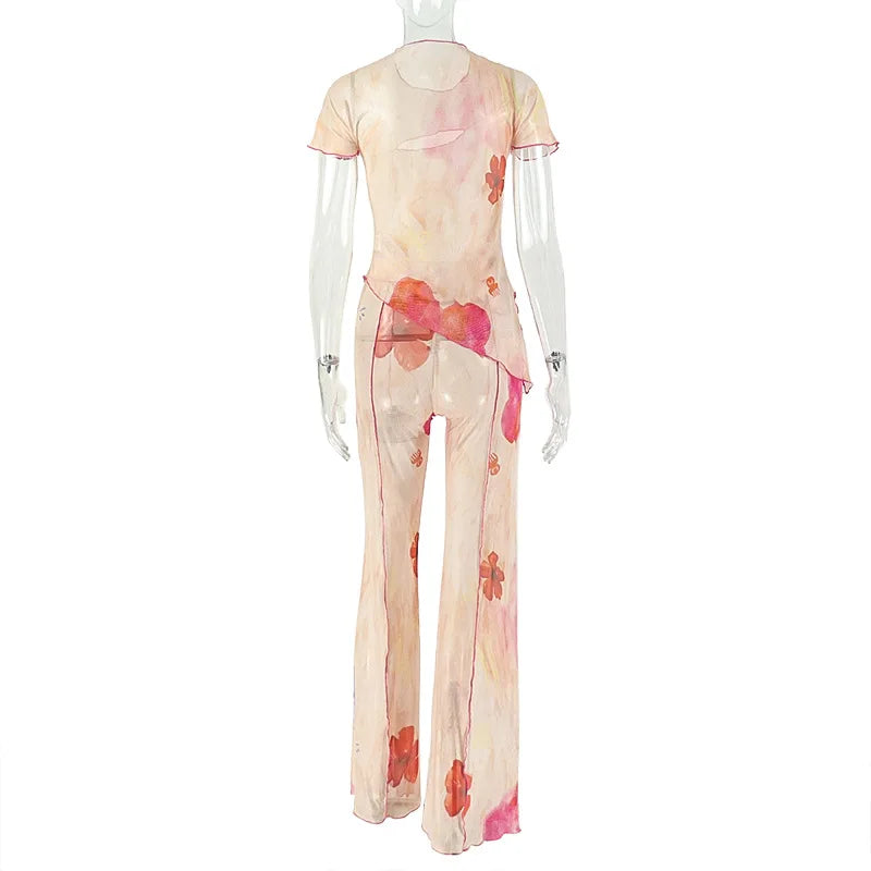 Floral Two Piece Set Elegant O-Neck Top And Flare Pants
