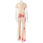 Floral Two Piece Set Elegant O-Neck Top And Flare Pants