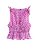 V-neck Sleeveless Embroidery Hollow Out Elastic Waist Crop Top